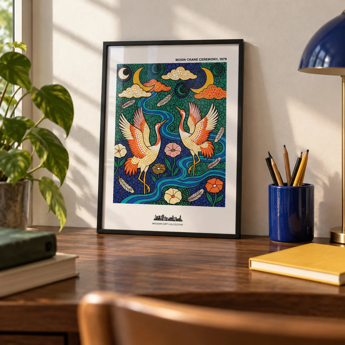 Colorful Crane Poster, a small A4 framed print leaning on a walnut desk