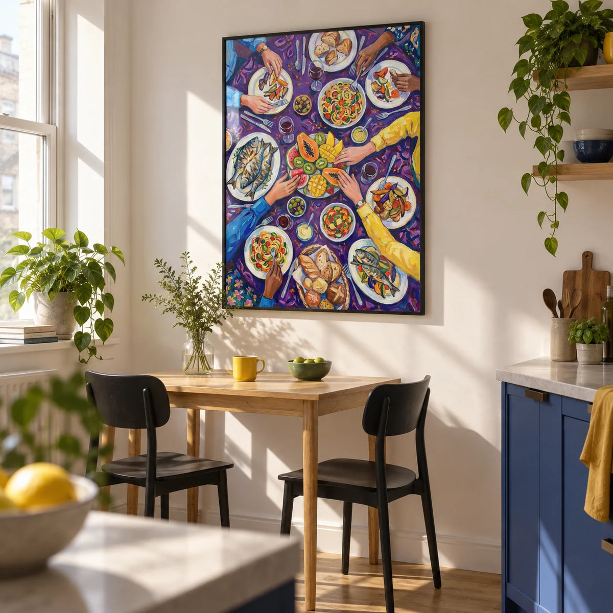 Colorful Dining Poster, framed on the wall of a bright modern kitchen in a first flat (25-35) with plain off-white walls and cobalt blue lower cabinets