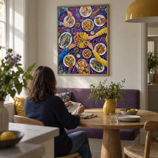Colorful Dining Poster, framed on the wall of a compact dining nook in a renovated UK terrace with a pale warm grey wall