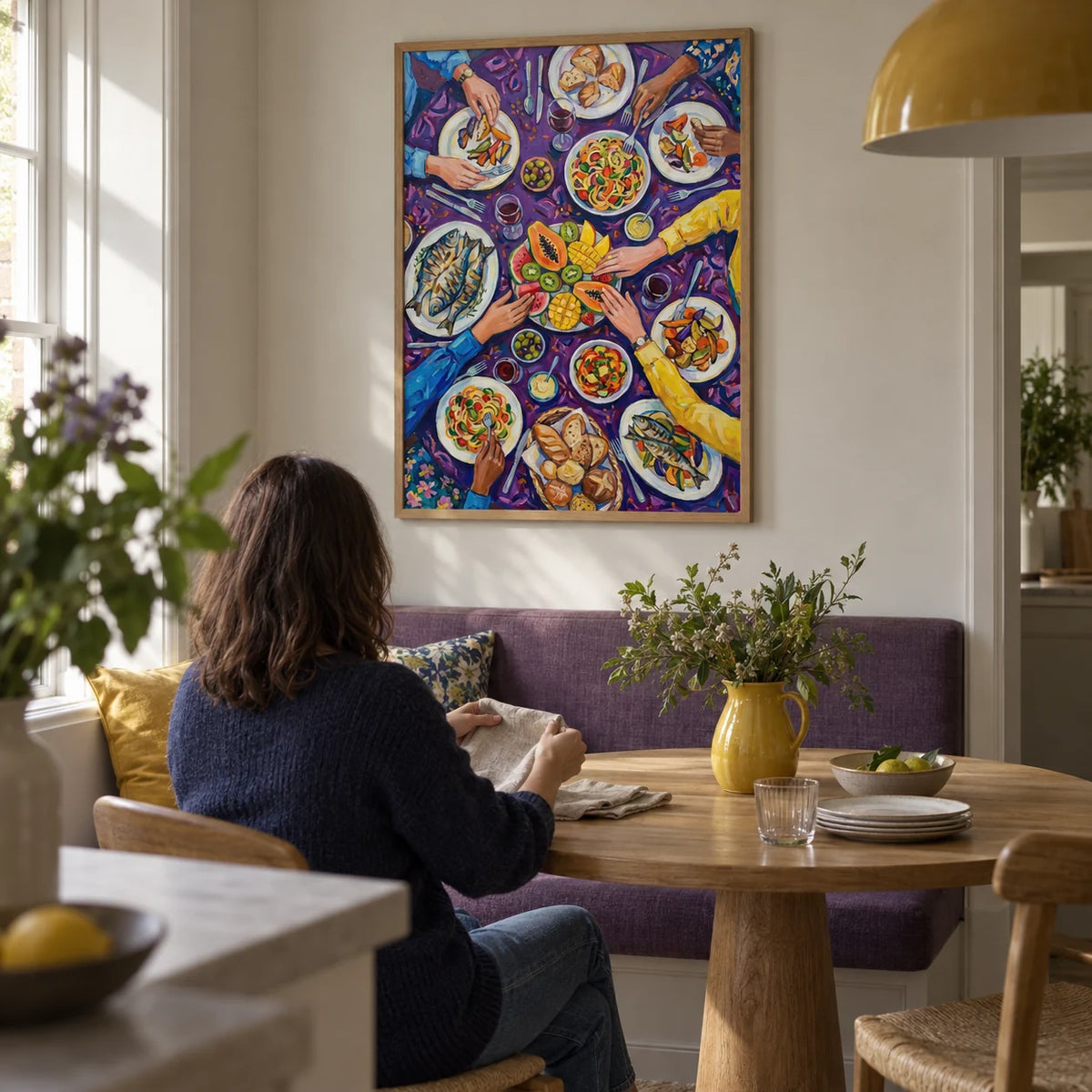 Colorful Dining Poster, framed on the wall of a compact dining nook in a renovated UK terrace with a pale warm grey wall