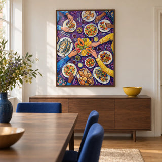 Colorful Dining Poster, framed on the wall of a contemporary dining room in a UK terraced house with a warm white wall and oak floor