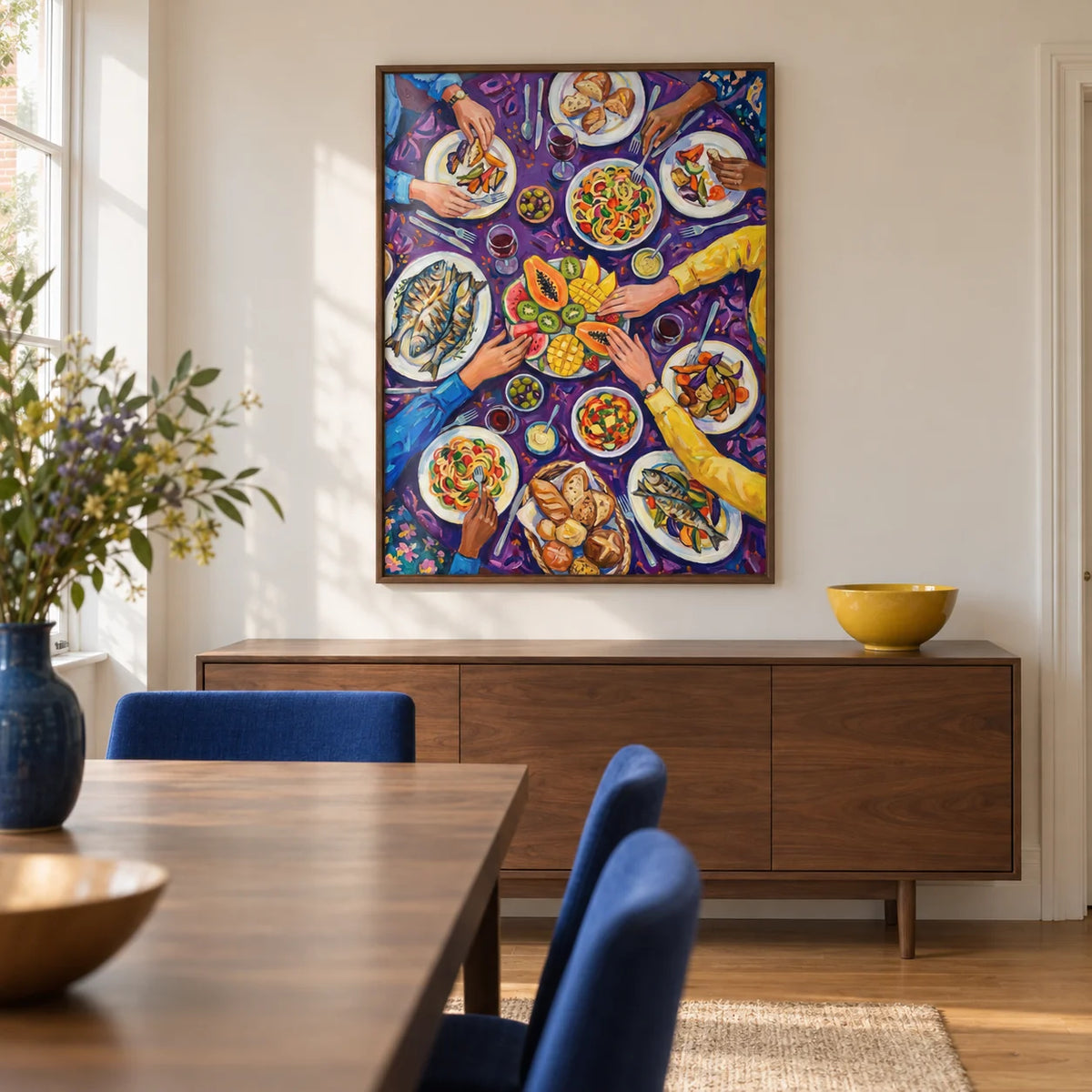 Colorful Dining Poster, framed on the wall of a contemporary dining room in a UK terraced house with a warm white wall and oak floor