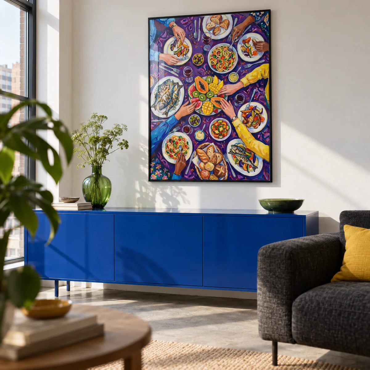 Colorful Dining Poster, framed on the wall of a design-led living room in a UK city flat with a chalk white wall and a concrete floor