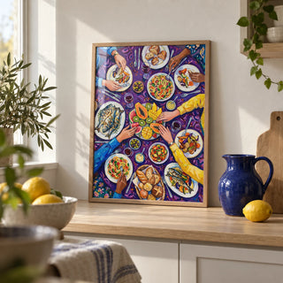 Colorful Dining Poster, a small A4 framed print leaning on a pale oak kitchen worktop