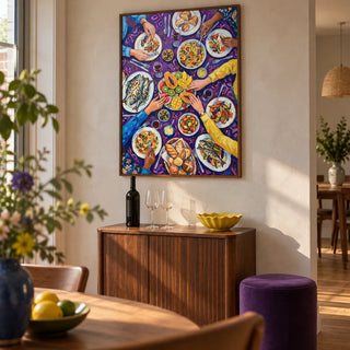 Colorful Dining Poster, framed on the wall of a small home bar corner in an open-plan UK dining room with a pale plaster wall