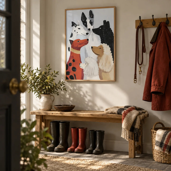 Colorful Dog Poster, framed on the wall of a boot room hallway
