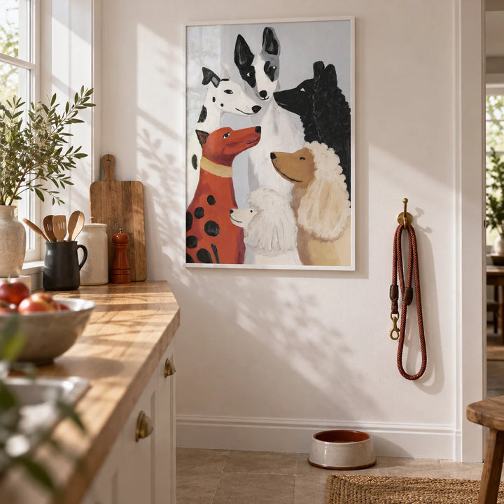 Colorful Dog Poster, framed on the wall of a family kitchen