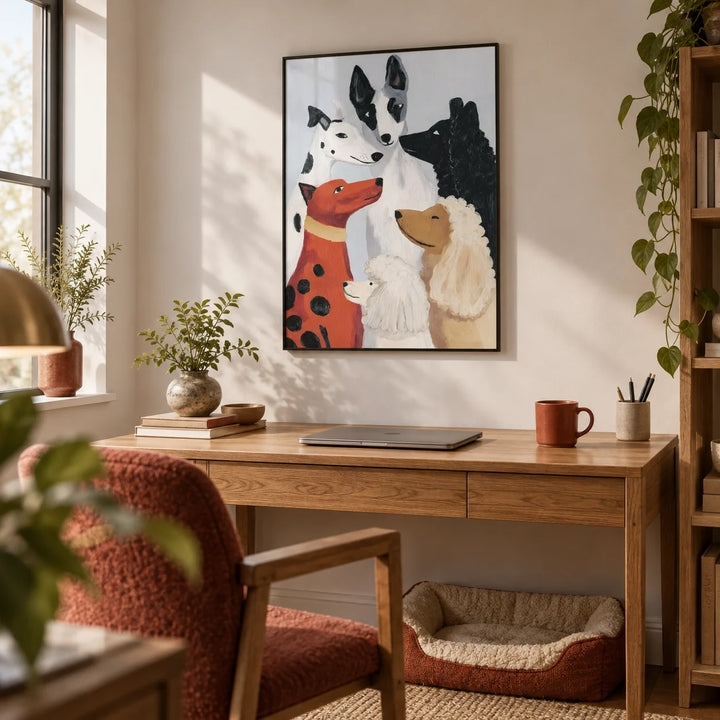 Colorful Dog Poster, framed on the wall of a relaxed home office