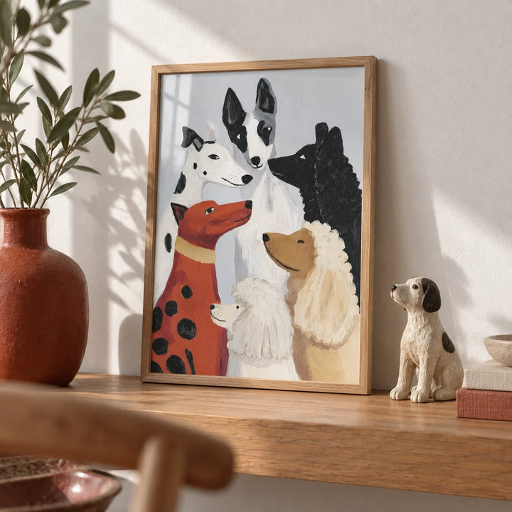 Colorful Dog Poster, a small A4 framed print leaning on an oak shelf in a living room
