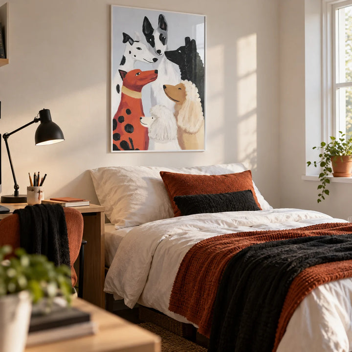 Colorful Dog Poster, framed on the wall of a teenager's bedroom (13-17)
