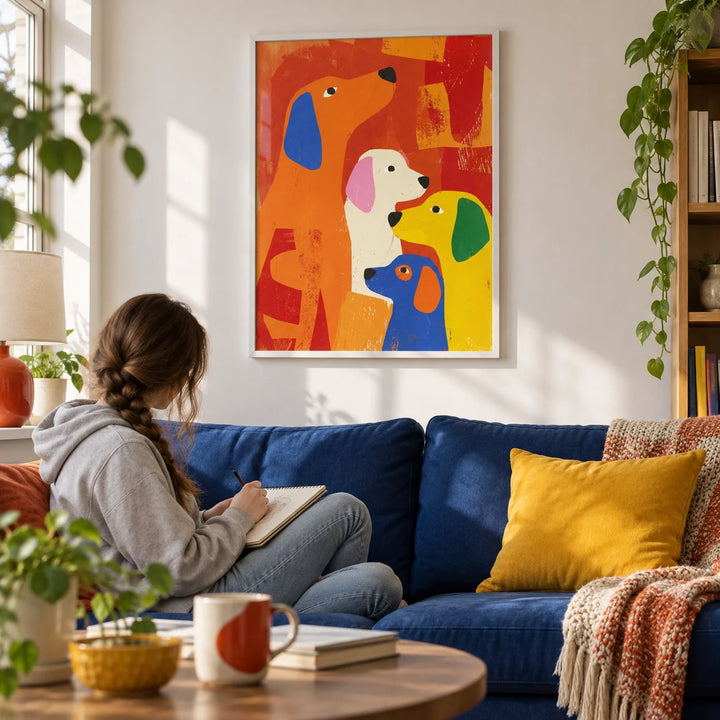 Colorful Dog Print, framed on the wall of a bright family living room with a white wall