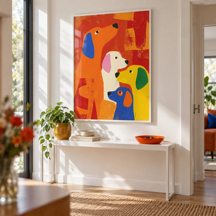 Colorful Dog Print, framed on the wall of a bright hallway with a white wall