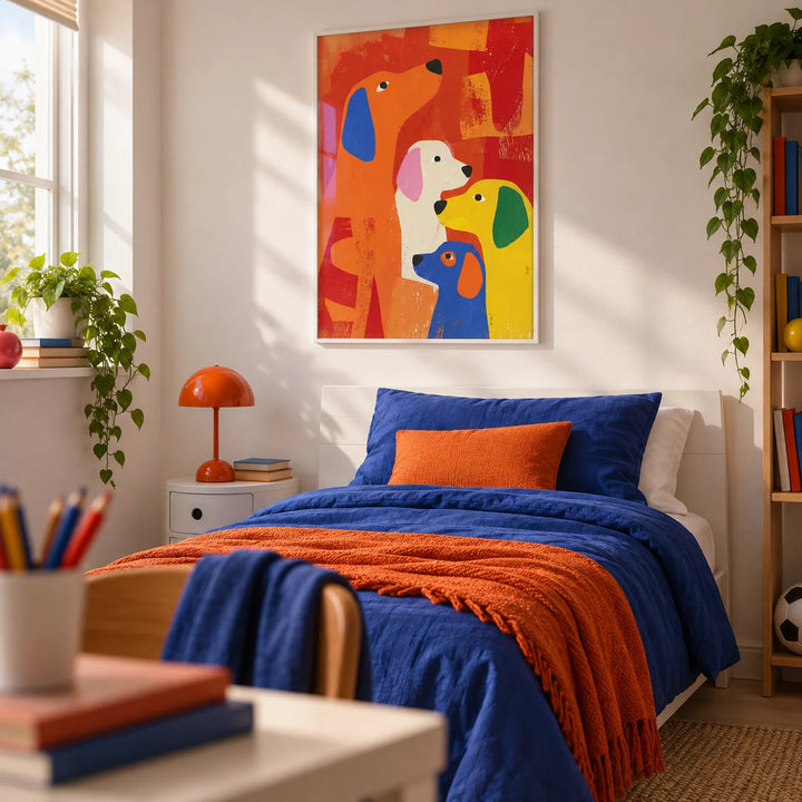 Colorful Dog Print, framed on the wall of a fun single bedroom for a teenager (13-17) with a white wall