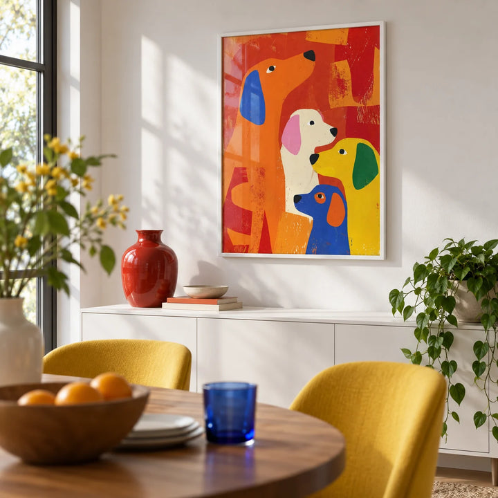 Colorful Dog Print, framed on the wall of a modern dining room with a white wall