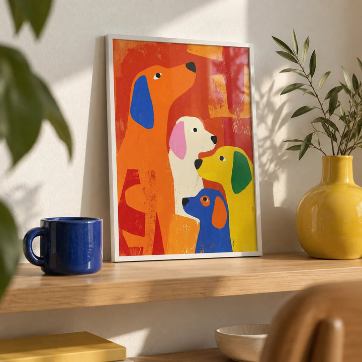 Colorful Dog Print, a small A4 framed print leaning on a light oak shelf in a living room
