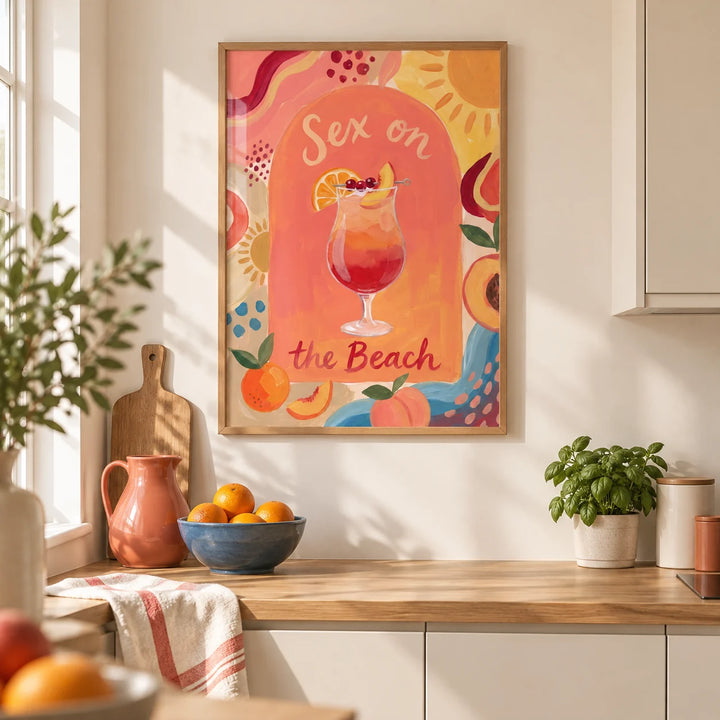 Colorful Drink Poster, framed on the wall of a bright modern kitchen in a UK first flat (22-28)