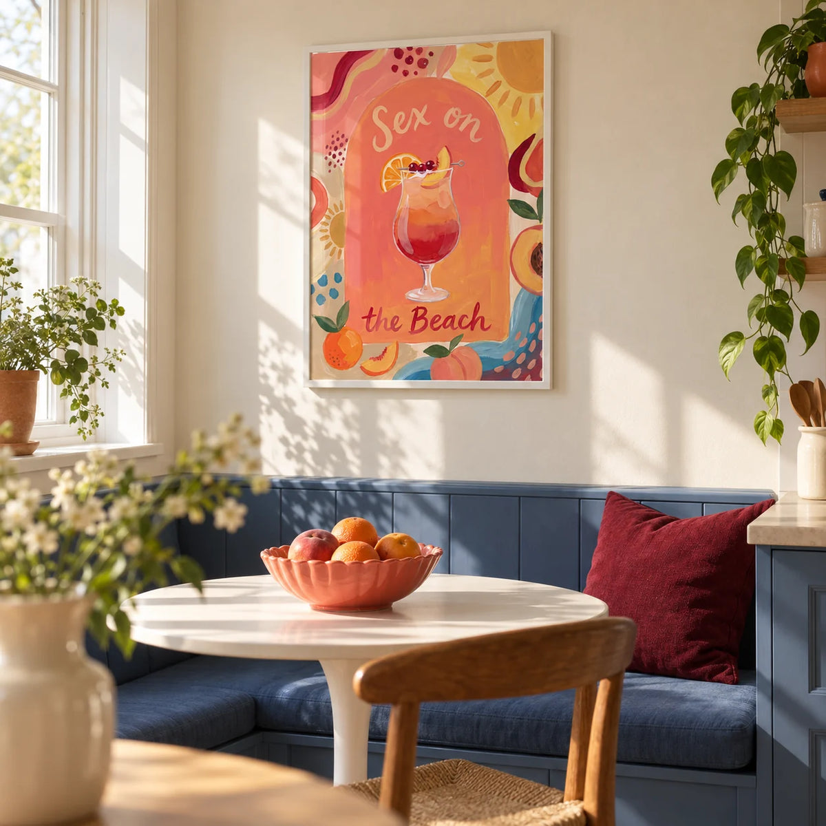 Colorful Drink Poster, framed on the wall of a sunny kitchen breakfast nook in a UK maisonette with a plain cream wall and a built-in blue bench