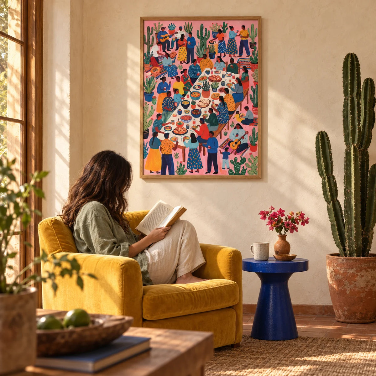 Fiesta Art, framed on the wall of a warm Mexican-modern living room with limewashed plaster walls