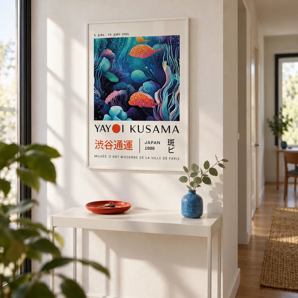 Colorful Fish Art, framed on the wall of a bright modern hallway with a white wall