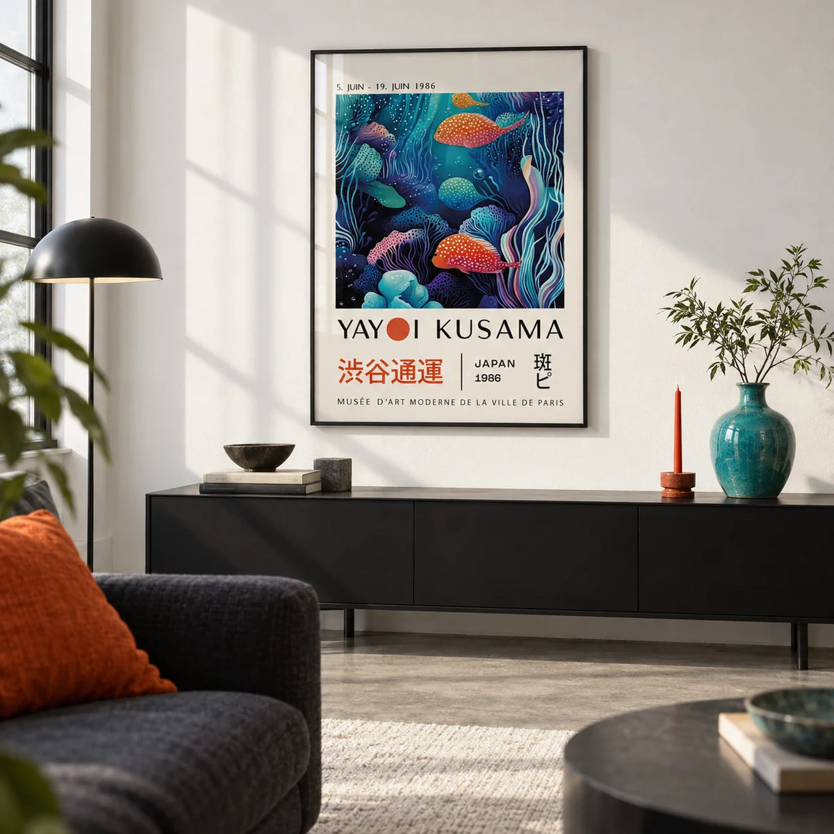 Colorful Fish Art, framed on the wall of a design-led city flat living room with a white wall and a concrete floor