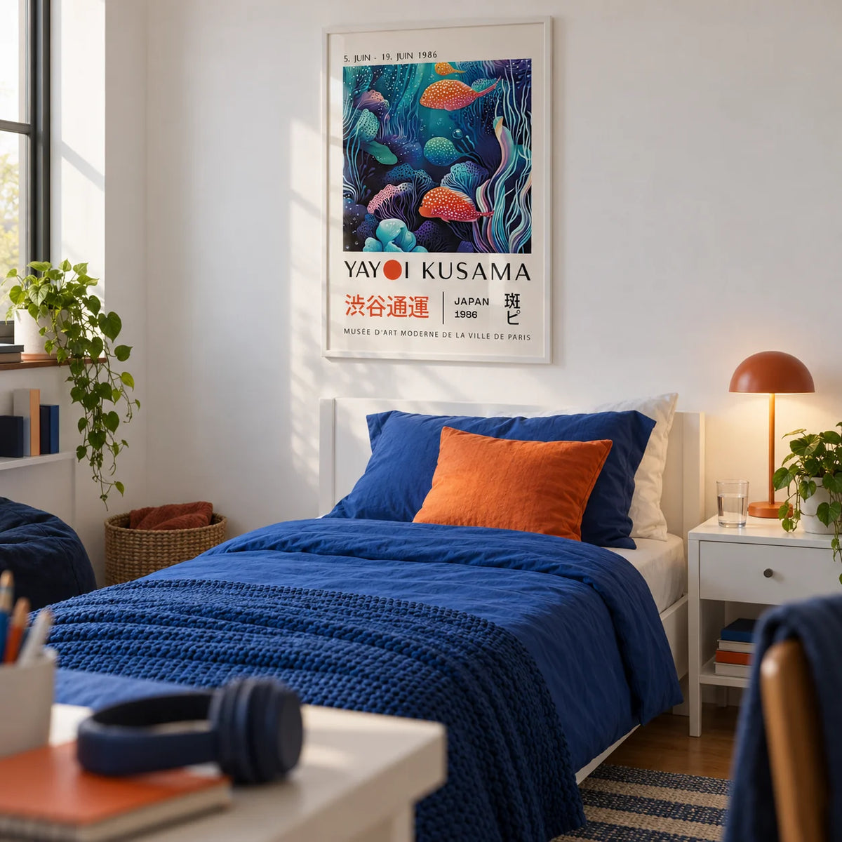 Colorful Fish Art, framed on the wall of a modern teen bedroom (13-17) with a white wall