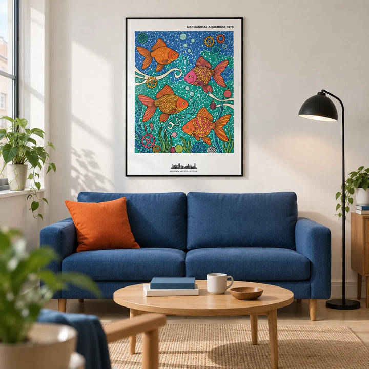 Fish Poster, framed on the wall of a contemporary living room in a UK city flat with a chalk-white wall
