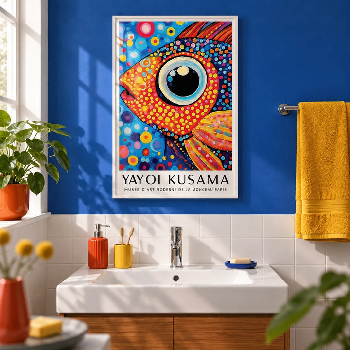Colorful Fish Art Print, framed on the wall of a bold modern bathroom with a cobalt blue painted wall and plain white tiles below