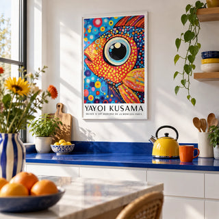 Colorful Fish Art Print, framed on the wall of a bright white kitchen with a cobalt blue worktop