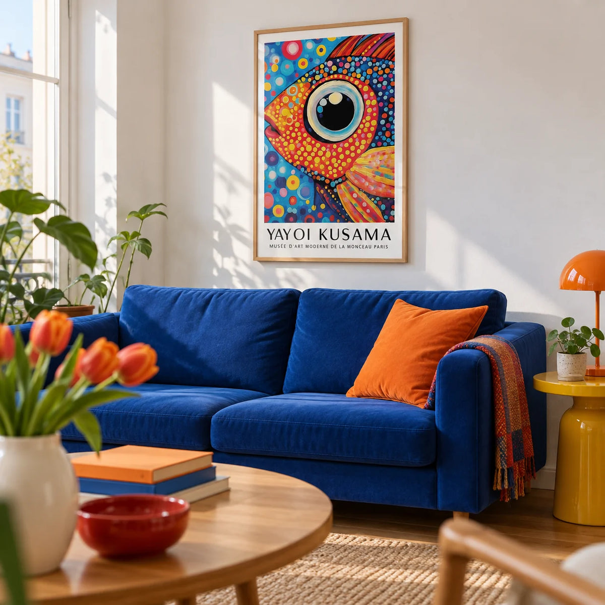 Colorful Fish Art Print, framed on the wall of a playful city flat living room with a white wall and a pale oak floor