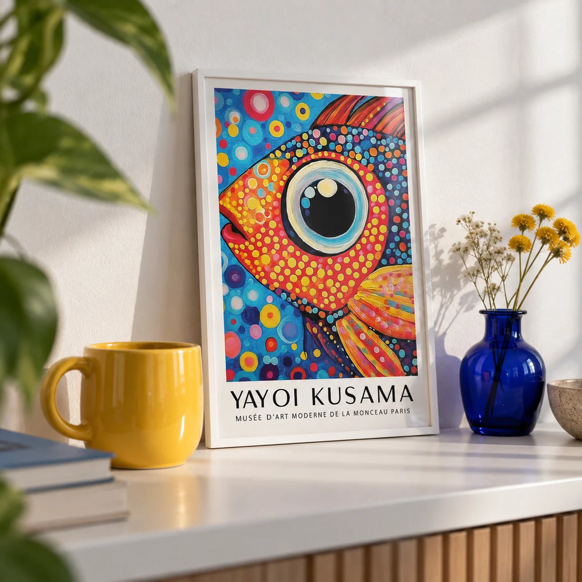 Colorful Fish Art Print, a small A4 framed print leaning on a white shelf in a living room