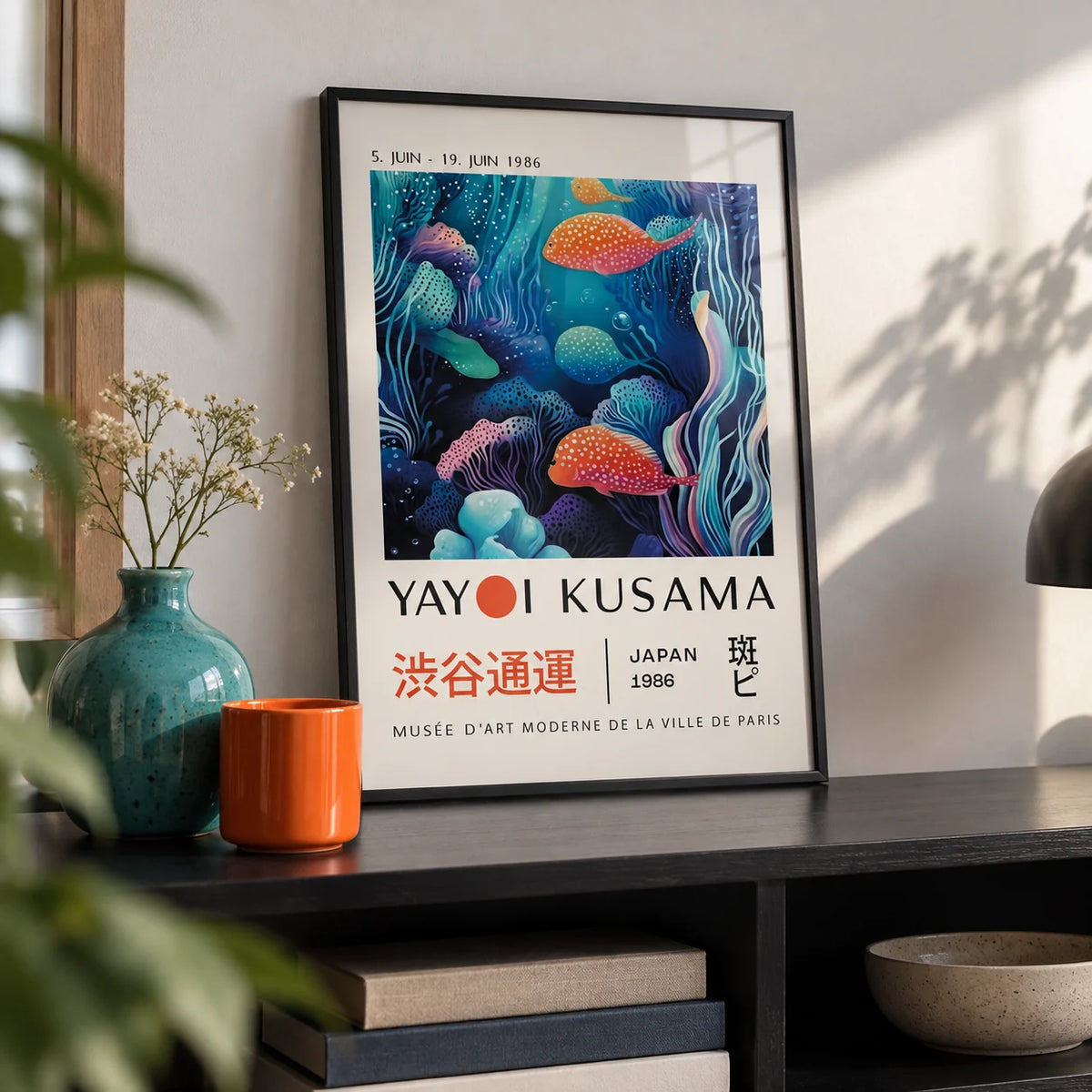 Colorful Fish Art, a small A4 framed print leaning on a black shelf in a living room