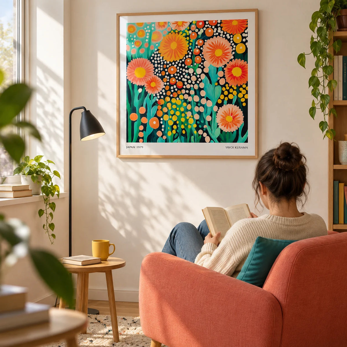 Colorful Flower Art, framed on the wall of a bright modern reading corner in a first flat for an art lover aged 25-35 in a living room