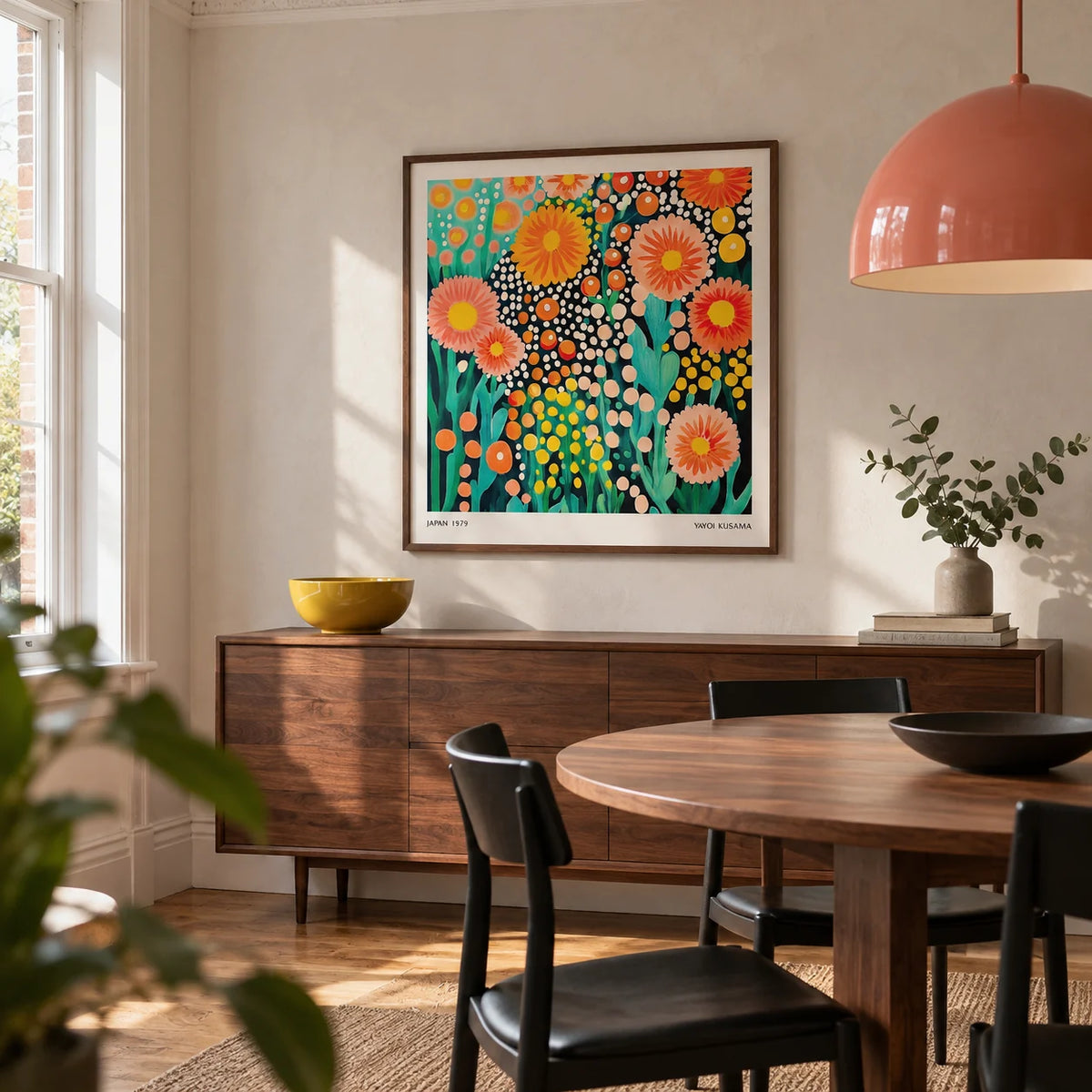 Colorful Flower Art, framed on the wall of a compact contemporary dining room in a Victorian terrace with pale plaster walls