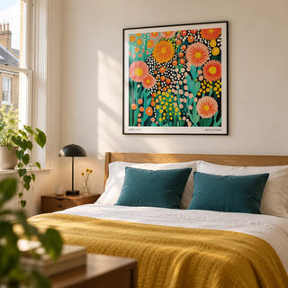 Colorful Flower Art, framed on the wall of a contemporary bedroom in a UK terraced home with a warm white wall