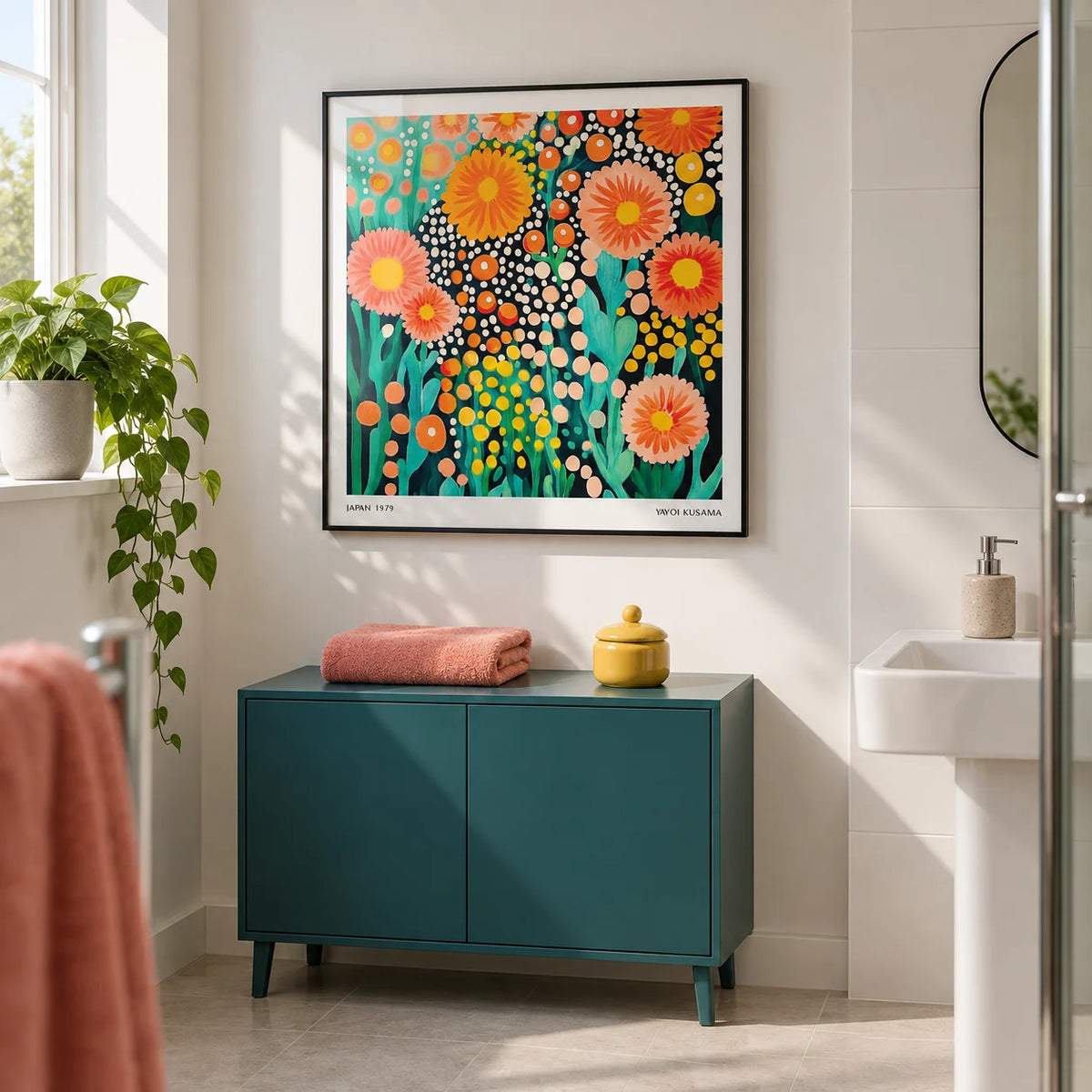Colorful Flower Art, framed on the wall of a modern bathroom in a renovated UK flat with white painted walls and large plain white tiles