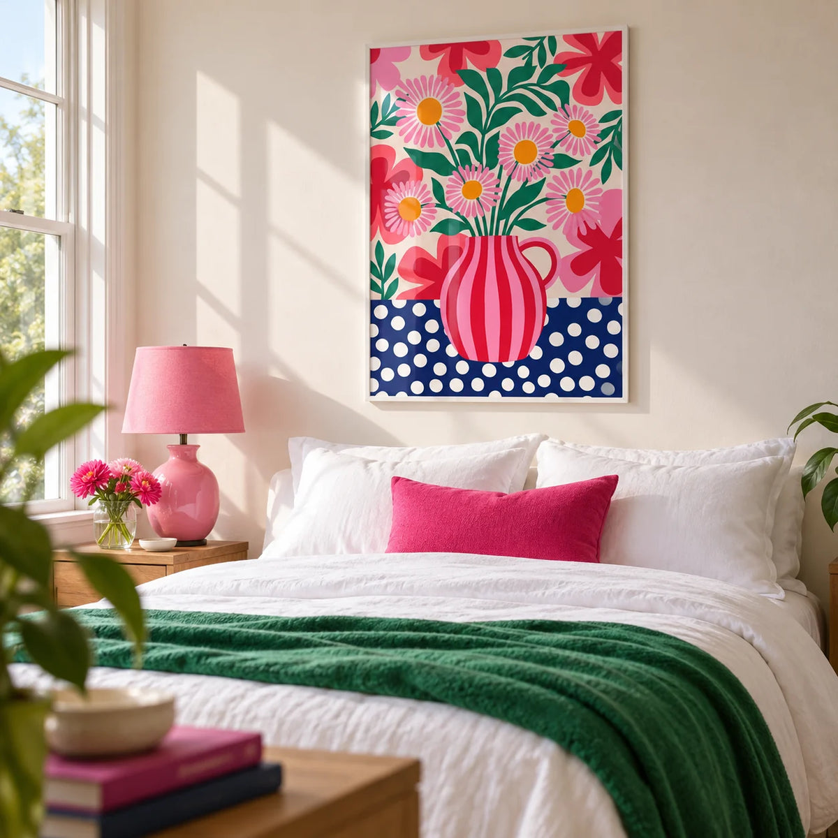 Colorful Flower Art Print, framed on the wall of a bright bedroom
