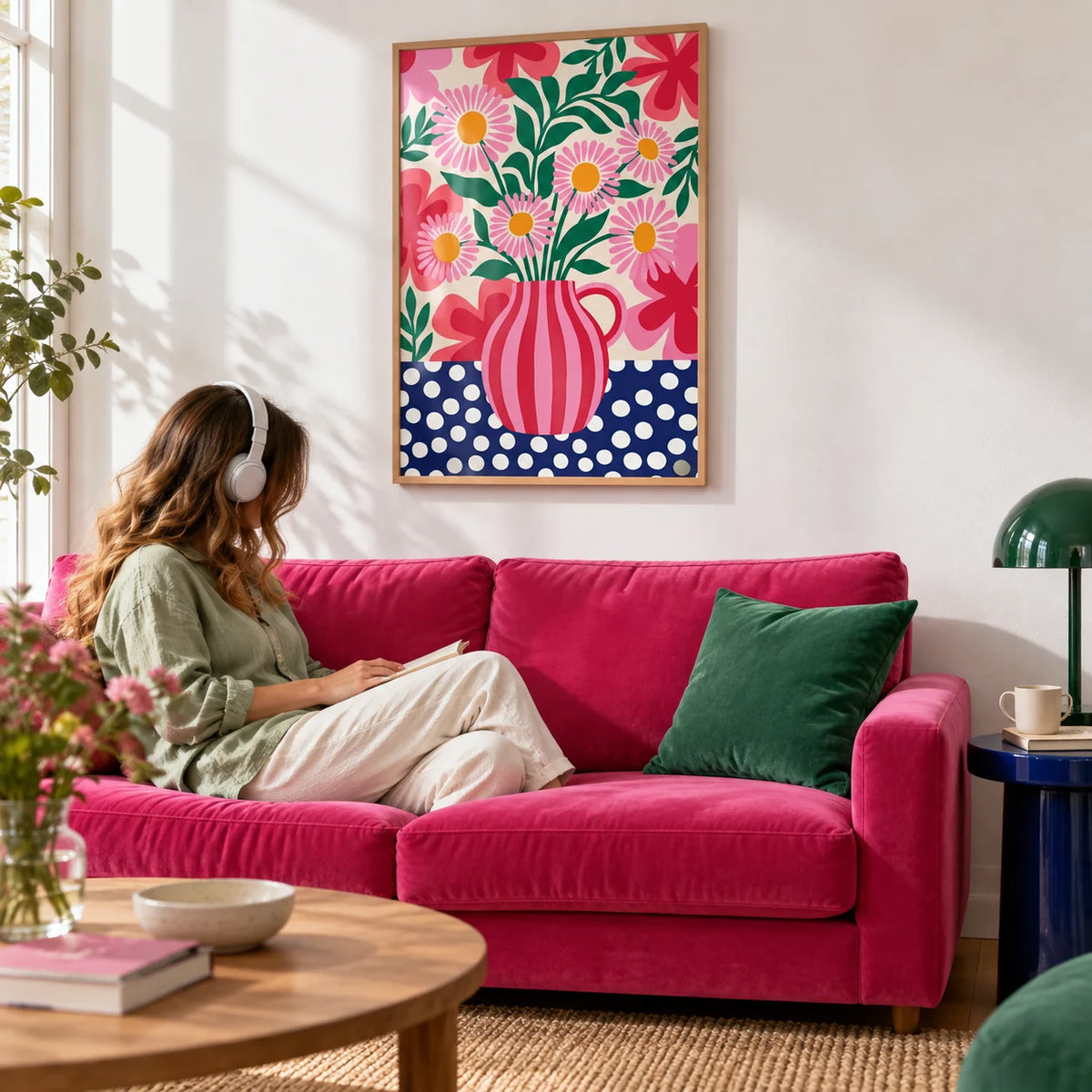 Colorful Flower Art Print, framed on the wall of a cheerful living room with a plain white wall