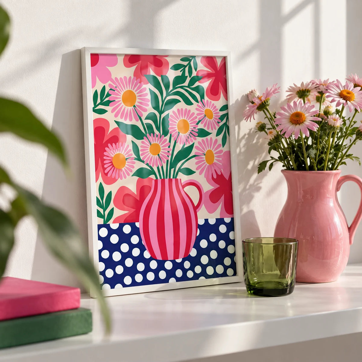 Colorful Flower Art Print, a small A4 framed print leaning on a white shelf in a living room