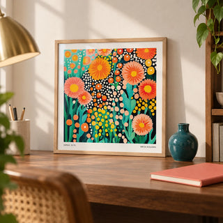 Colorful Flower Art, a small A4 framed print leaning on a walnut desk