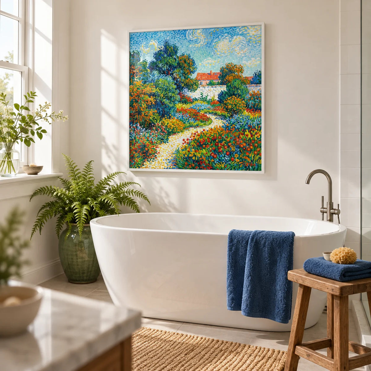 Colorful Flower Garden Print, framed on the wall of a bright bathroom in a renovated British family home with warm white walls and plain white tiles