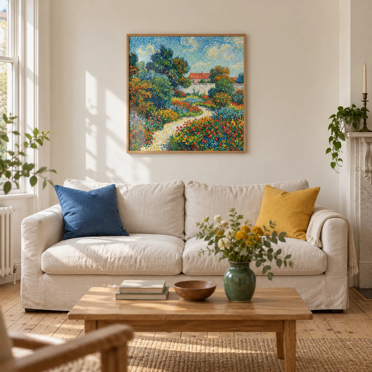 Colorful Flower Garden Print, framed on the wall of a bright living room in a Victorian terrace with warm white plaster walls and stripped pine floorboards