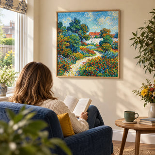 Colorful Flower Garden Print, framed on the wall of a quiet reading corner beside a garden-facing window in a British semi-detached home with a pale cream wall in a living room