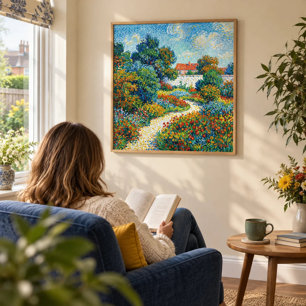 Colorful Flower Garden Print, framed on the wall of a quiet reading corner beside a garden-facing window in a British semi-detached home with a pale cream wall in a living room