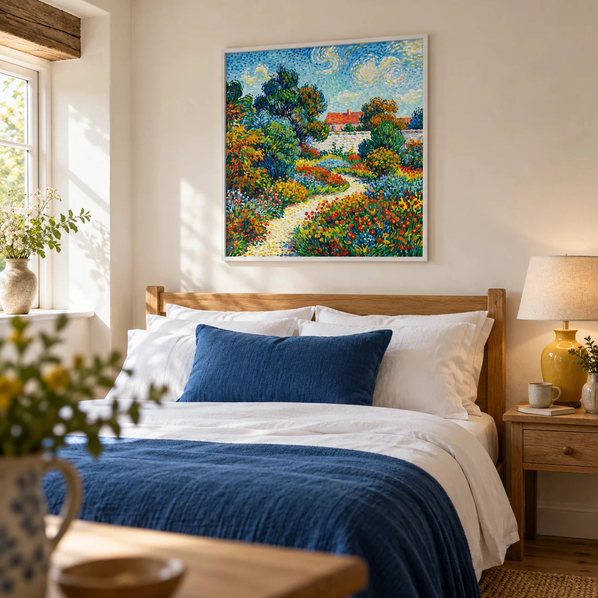 Colorful Flower Garden Print, framed on the wall of a restful bedroom in a characterful UK cottage with warm white walls and a simple wooden floor