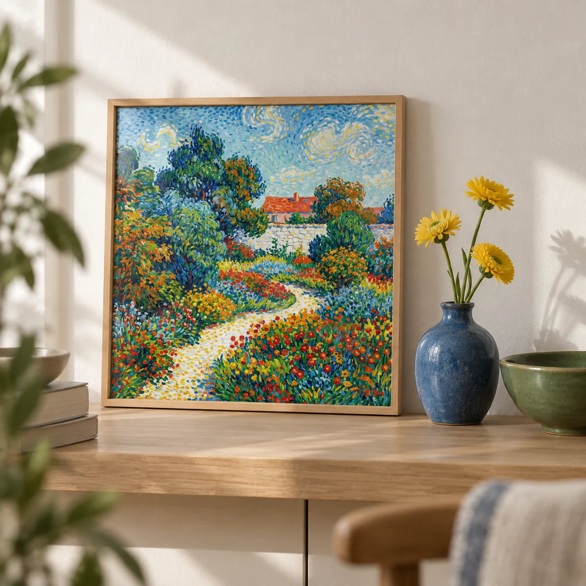 Colorful Flower Garden Print, a small A4 framed print leaning on a pale oak shelf in a living room