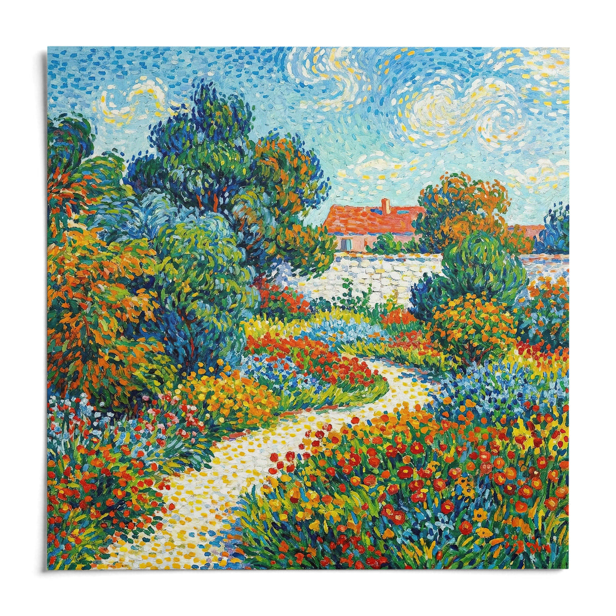 Colorful Flower Garden Print, shown as an unframed paper print on a plain white background