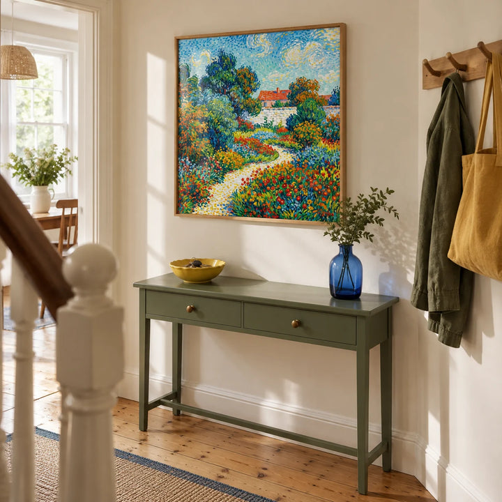 Colorful Flower Garden Print, framed on the wall of a welcoming hallway in a UK terraced house with cream walls and original pine floorboards