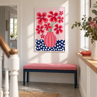 Colorful Flower Poster, framed on the wall of a bright modern hallway in a UK terrace with warm white walls and a plain grey floor