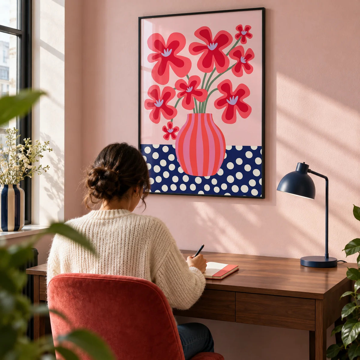 Colorful Flower Poster, framed on the wall of a compact design-led study in a city flat with a pale pink wall and a walnut desk