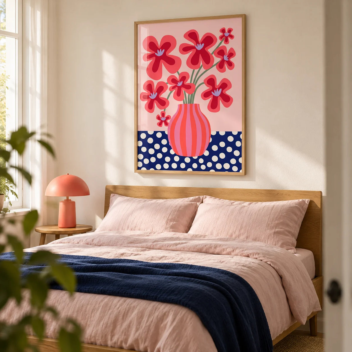 Colorful Flower Poster, framed on the wall of a fresh contemporary bedroom for a young adult (25-35) with warm white walls